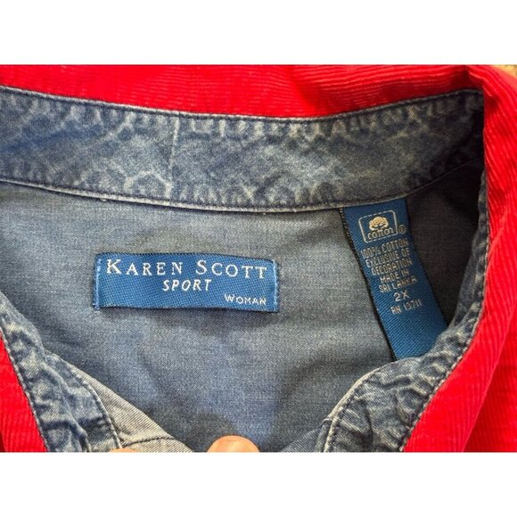 KAREN SCOTT Chambray Button Shirt Cord Collar Christmas Santa Stockings 2X READ - Picture 7 of 10